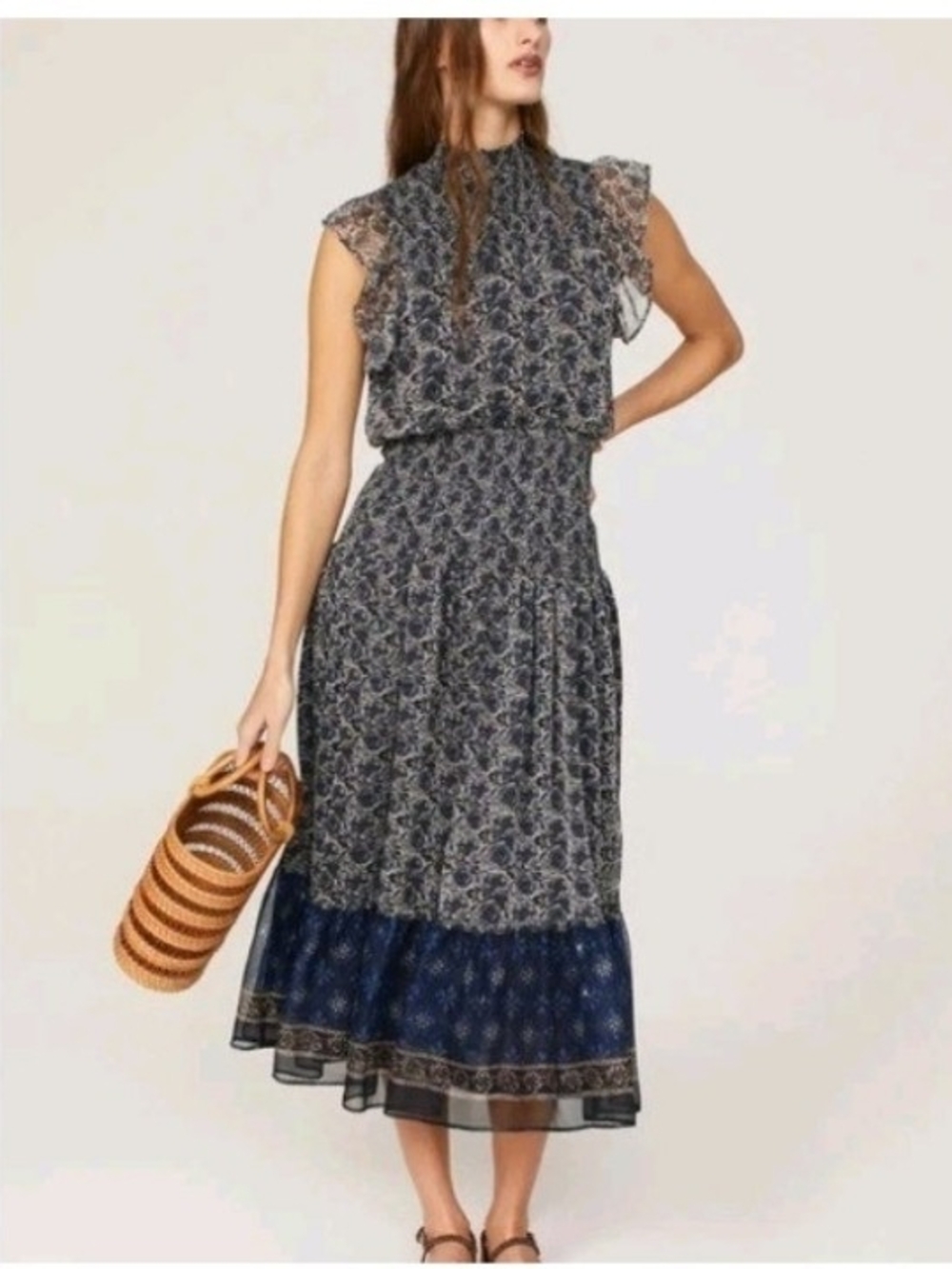 Aqua Mock Neck Blue Floral Smocked Midi Dress Ruffles Cottagecore Romantic Small
